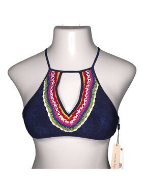Nanette Lepore Swim Crochet Trim Keyhole Bralette Bikini Top Navy XS New